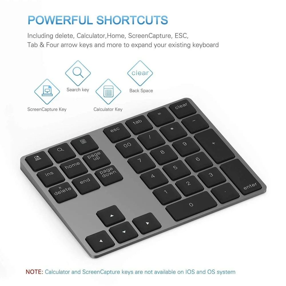 Lekvey Bluetooth Numeric Keypad Wireless Rechargeable Aluminum Number Pad Gray
